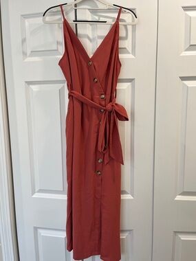 Pinkblush Pink Button-Front Midi Dress with Tie Waist